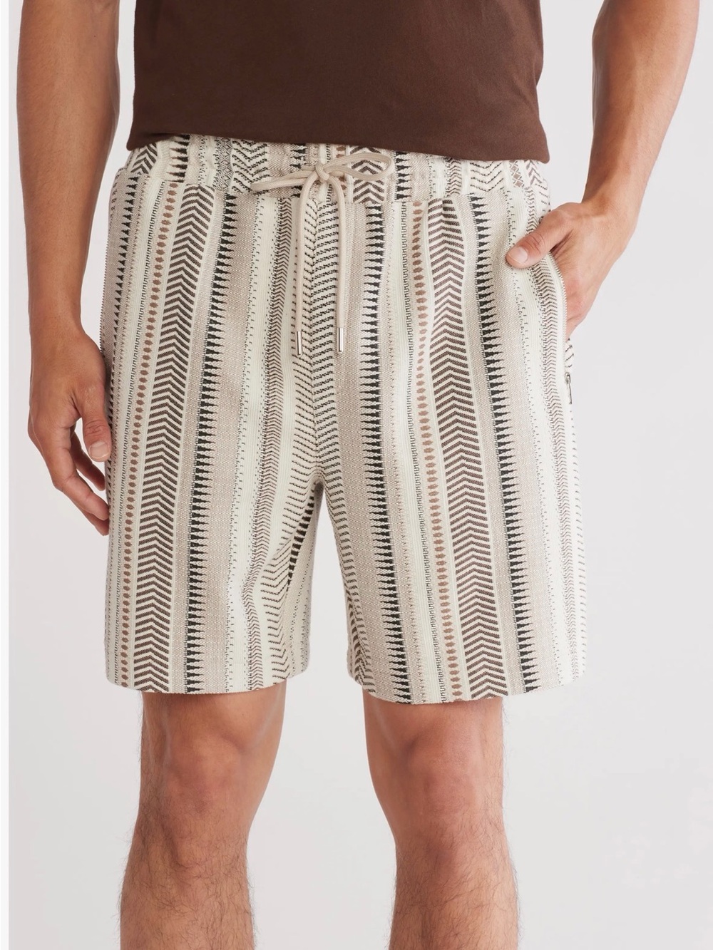 Jason Wu Mens Large Geometric Stripe Pull On Shorts Zip Pockets Beige Black NWT